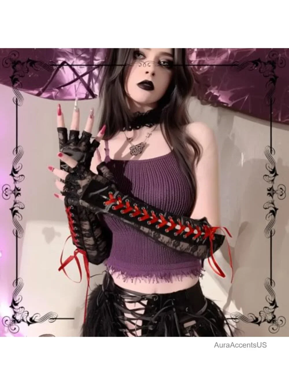 Lace Fingerless Gloves Over the Elbow Sleeves Steampunk Goth Arm Warmers